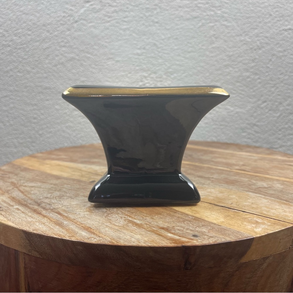 Vintage l 50s Mid-Century Mod Kitsch Glossy Black Gold Trim Long Footed Planter - Picture 3 of 15